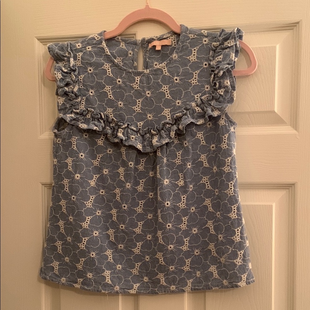 Blue and White Ruffle Blouse